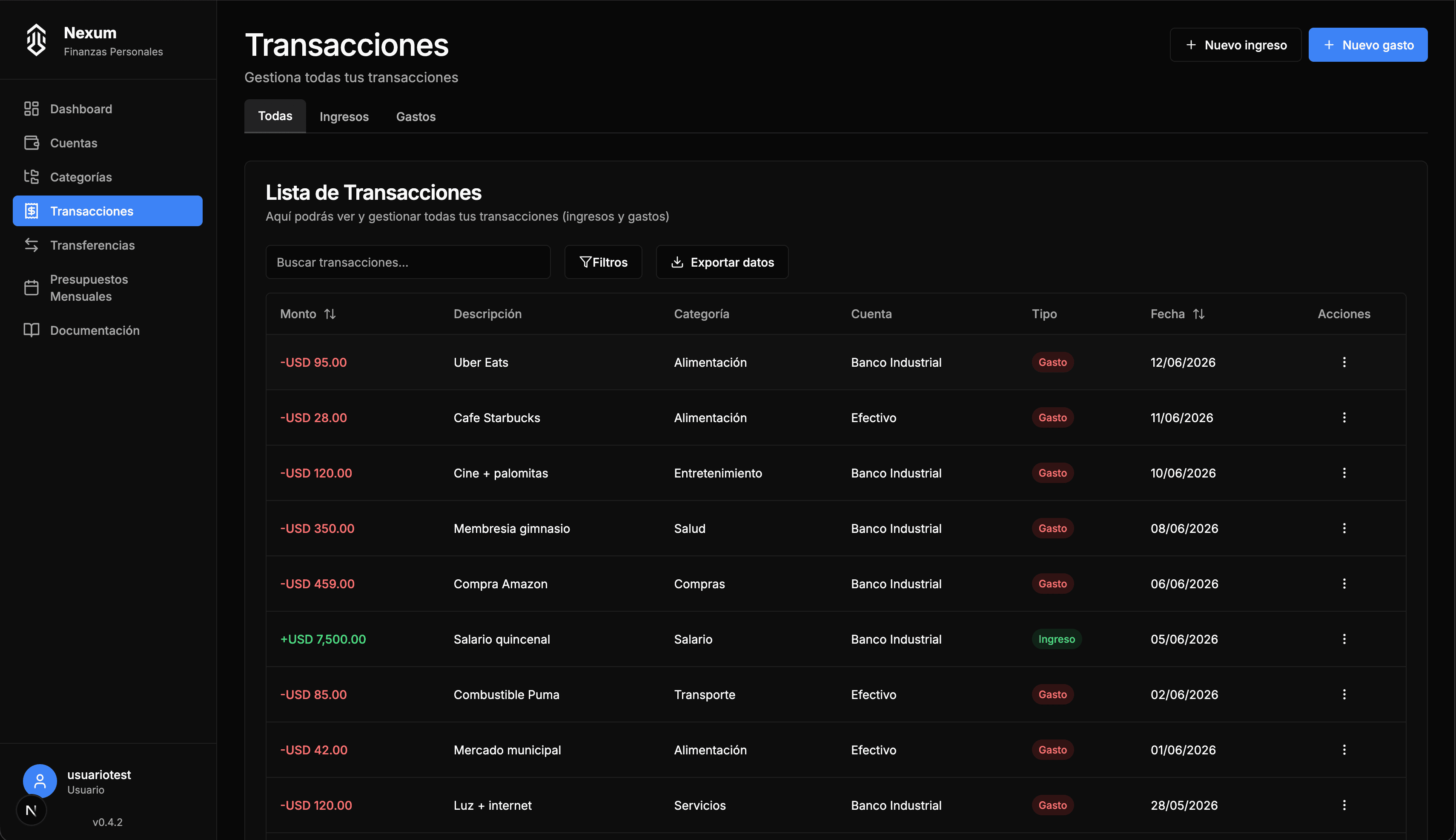 Lista de transacciones organizada por fecha, categoría y monto